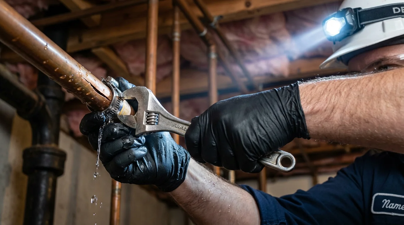 Emergency pipe clamp repair being performed by a Johns Plumbing LLC plumber in Mahnomen