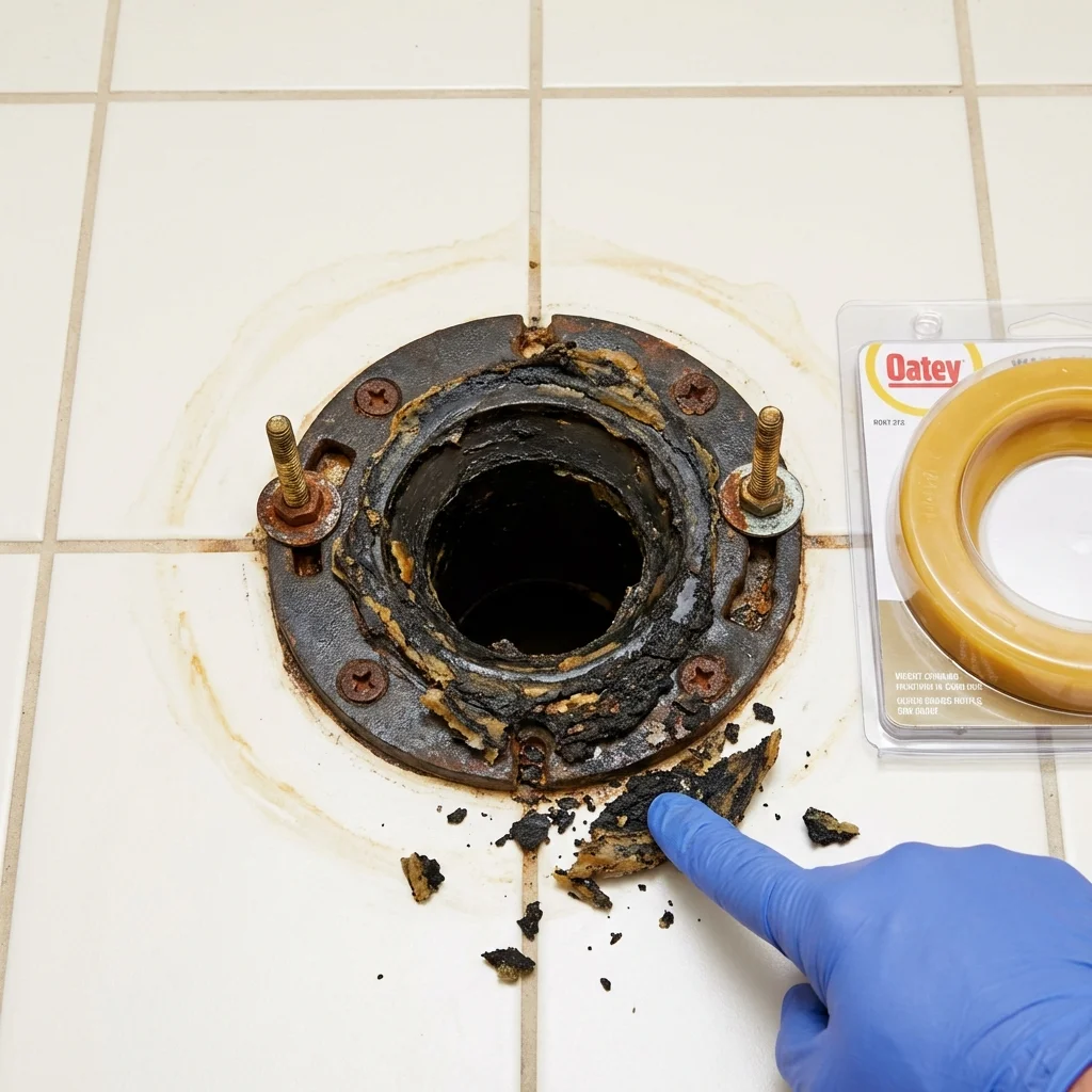 Failed wax ring showing water seepage at the base of a toilet in a Mahnomen, MN home