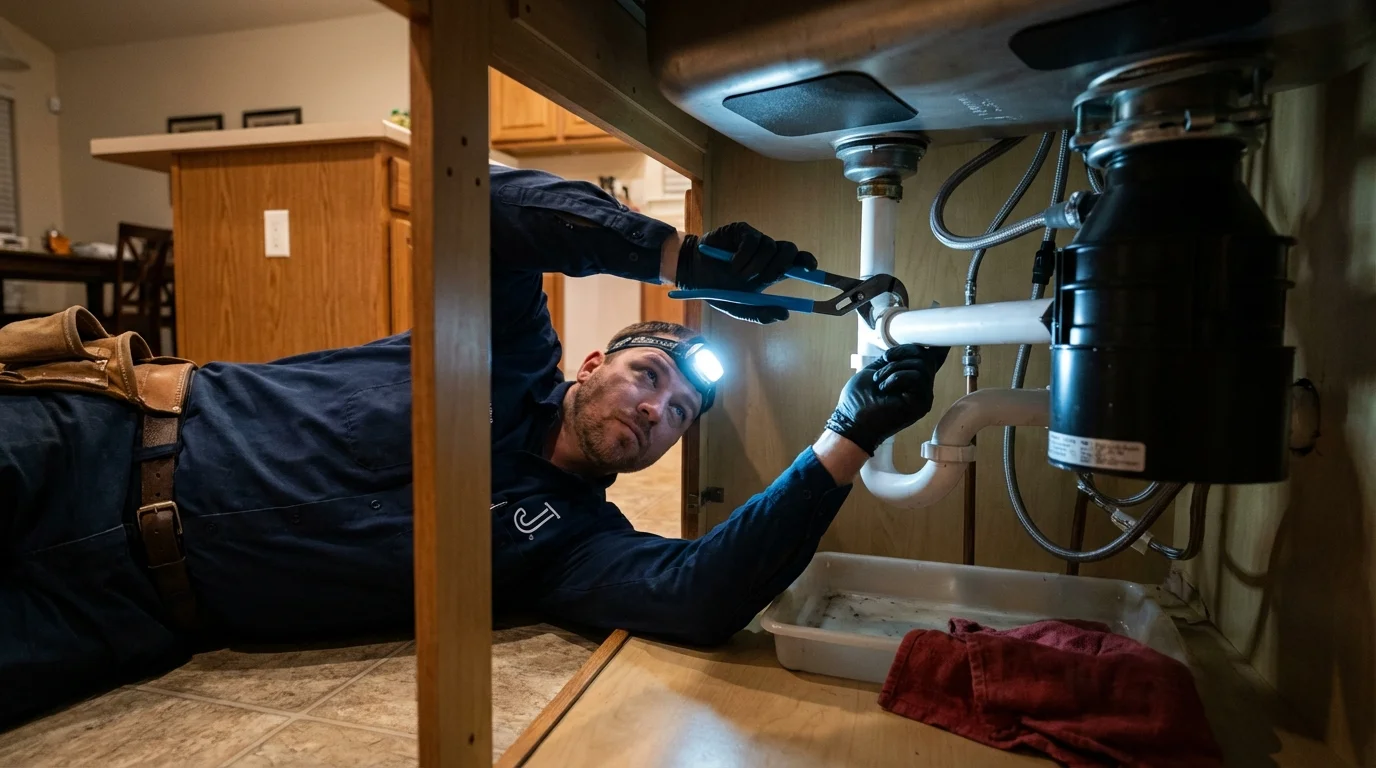P-trap and supply line connections under a kitchen sink showing a common leak point in Mahnomen, MN